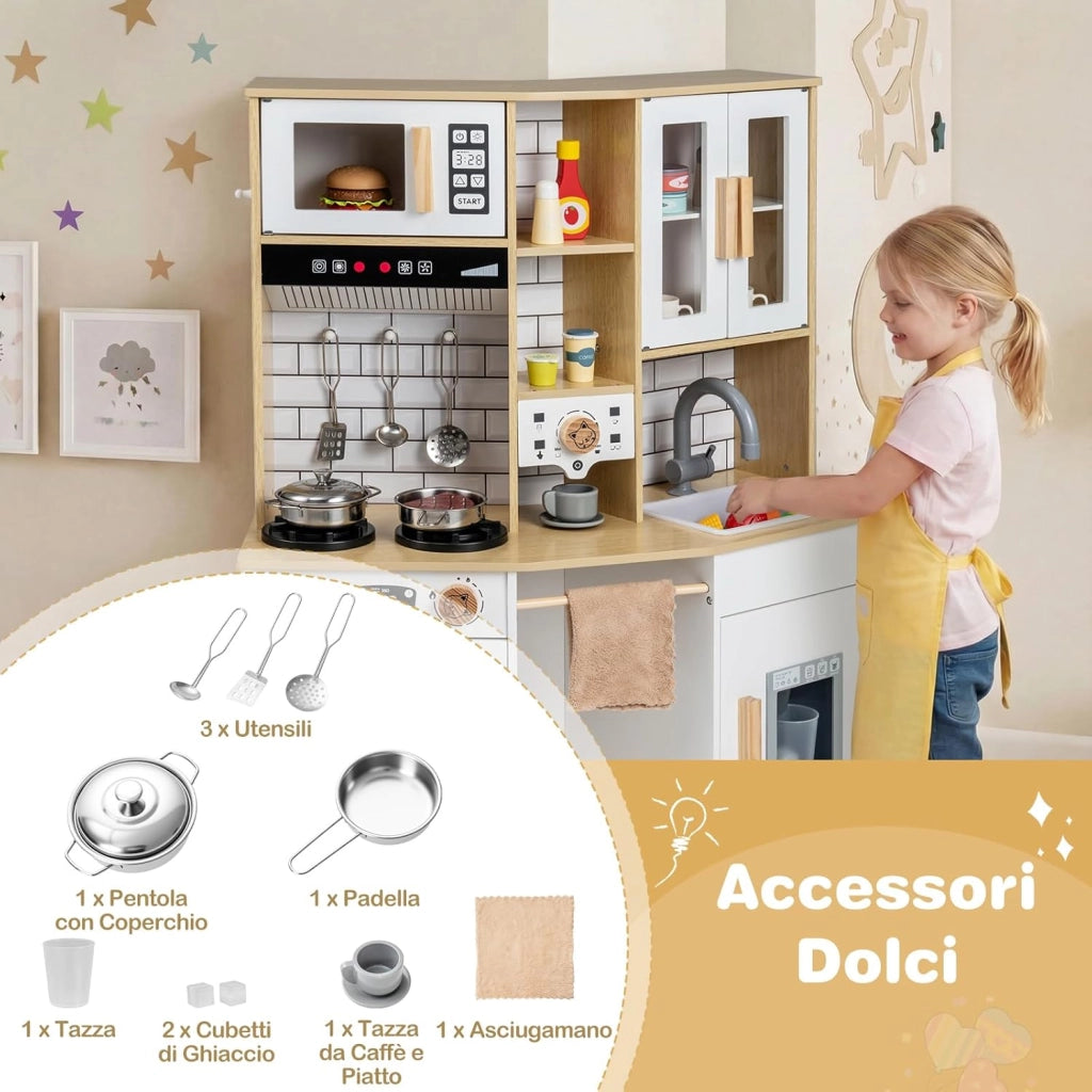 Cucina Giocattolo per Bambini, Cucinetta in Legno con Suoni e Luci, Fornello, Lavandino, Macchina del Caffè, Gioco Cucina di Ruolo per Bambini 3+ Anni (Naturale)