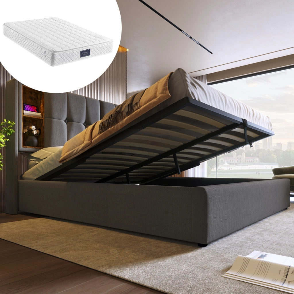LETTO imbottito 160x200 cm grigio in cotone con ricarica wireless e USB
