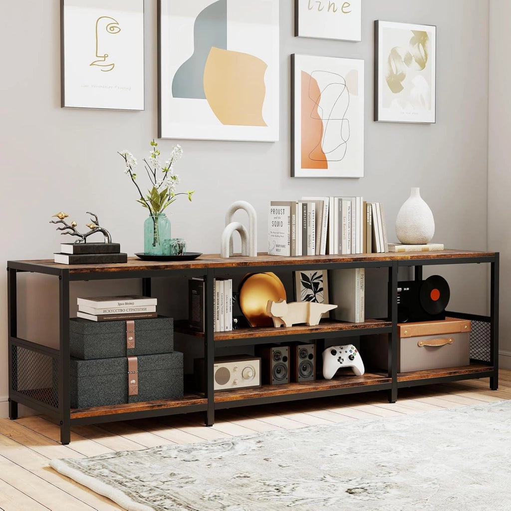 Mobile TV in stile industriale, Panca TV per TV 55/60/65 pollici, con ripiani aperti, cornice in metallo, tavolo TV per camera da letto, soggiorno, marrone rustico, 45 x 40 x 150 cm
