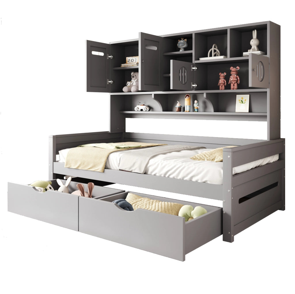 Letto singolo multifunzione 90x200 cm grigio con cassetti