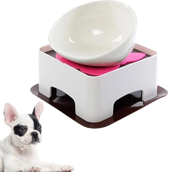 Ciotola per alimenti per cani e gatti Bulldog, apertura ampia, sterile, inclinata, con piastra di gomma antiscivolo (bianca, capacità standard 1,5 tazze)