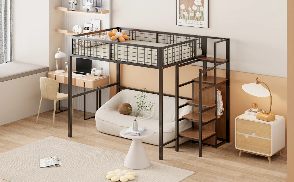 DESMIU Letto a soppalco 2 posti con armadio, scaffali e scala 140 × 200 cm, senza materasso, metallo, nero