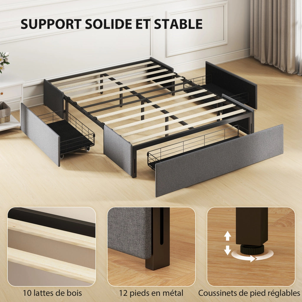 Letto contenitore matrimoniale imbottito con 3 cassetti e rete a doghe ¨C zephmum ¨C grigio 140x190 cm