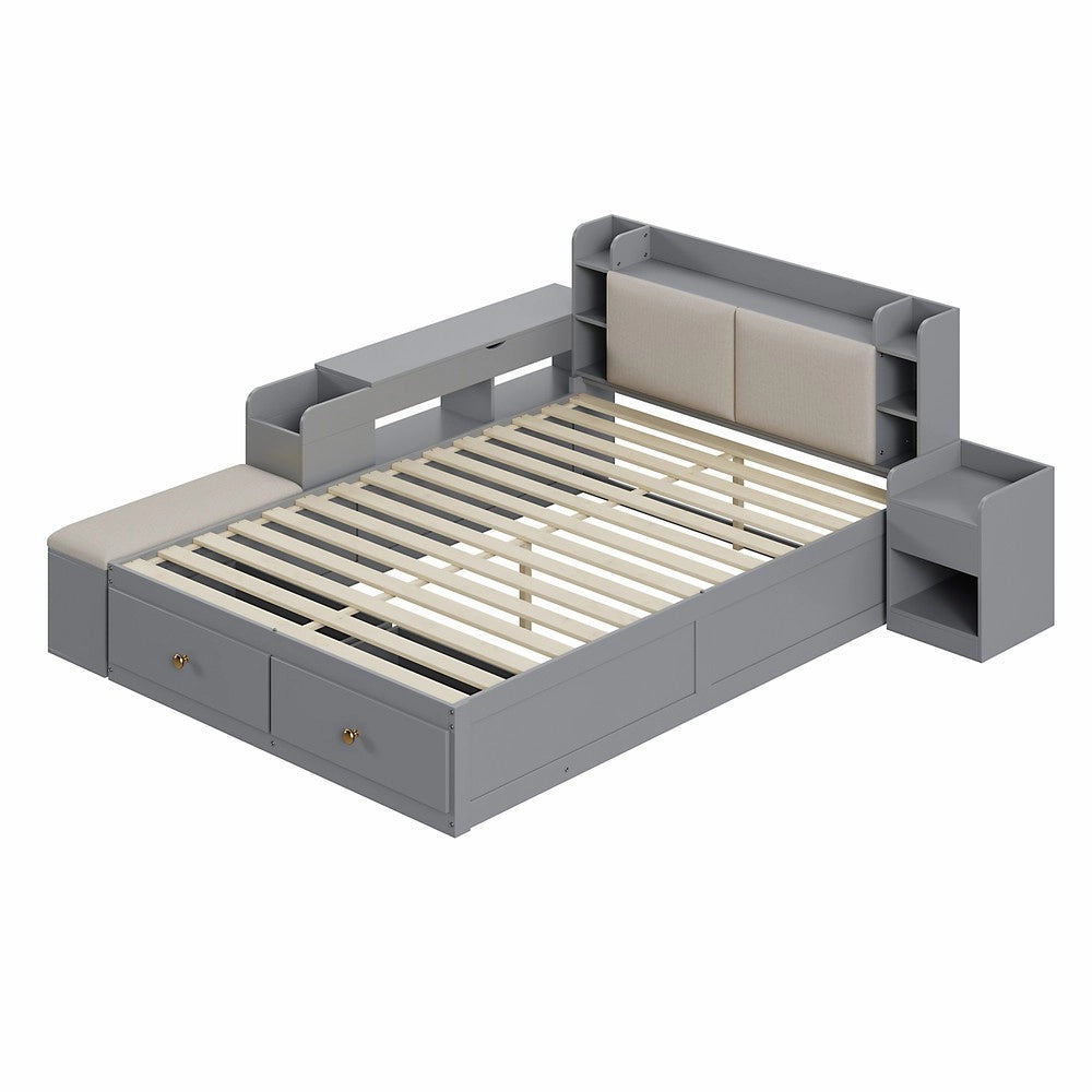 Letto Contenitore Matrimoniale in Legno Massello con Cassetti e Comodino ¨C MINIMAL ¨C Grigio 140x200