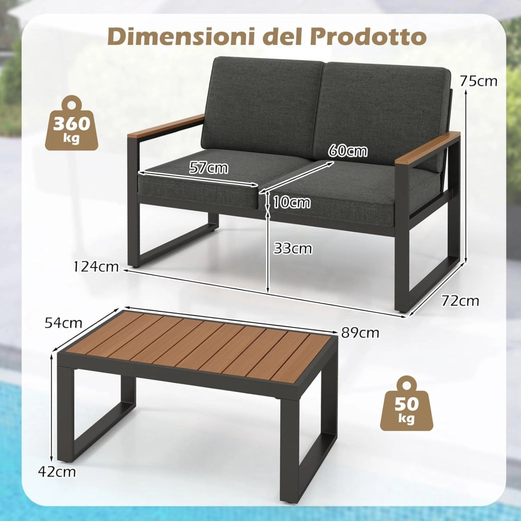 Set da Giardino in Alluminio a 2 Pezzi, Set Tavolino e Poltrona da Giardino, Set da Conversazione da Esterno, Divano Sezionale Imbottito con Tavolino da Caffè, per Cortile Balcone