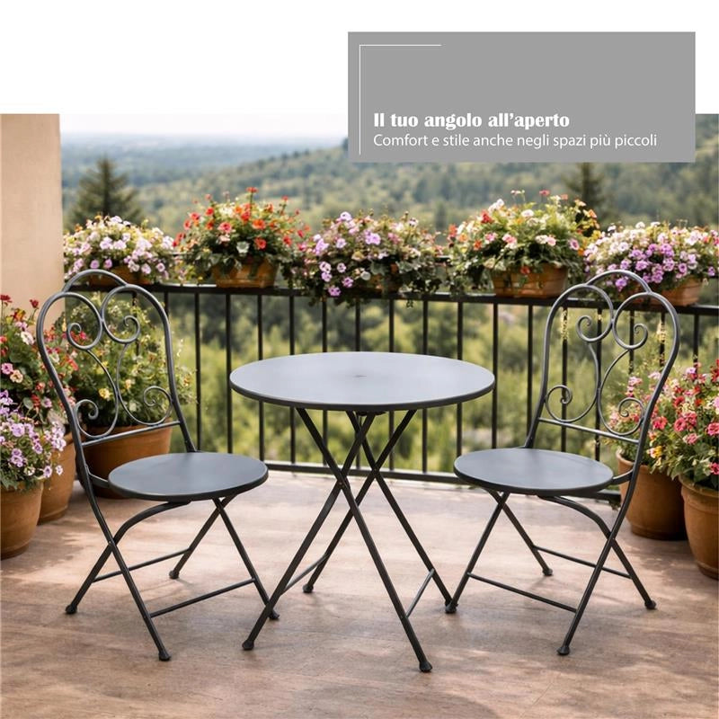 SET TAVOLO + 2 SEDIE IN METALLO GRIGIO SCURO PIEGHEVOLE PER GIARDINO
