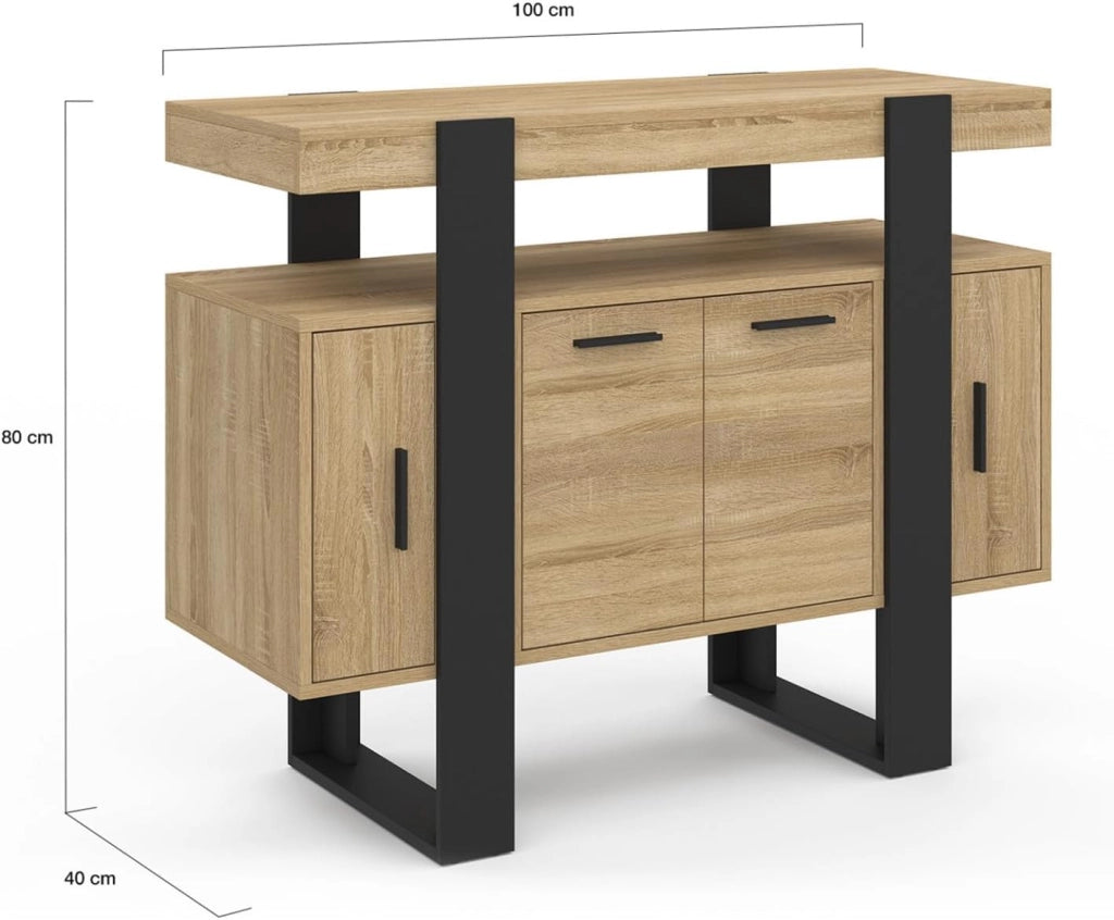 Credenza PHOENIX a 4 ante, legno e nero, 100 cm