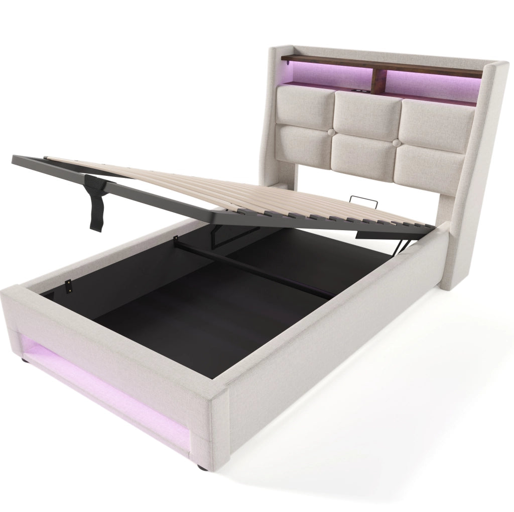Letto matrimoniale imbottito 90x200 cm con USB e LED; effetto lino beige chiaro