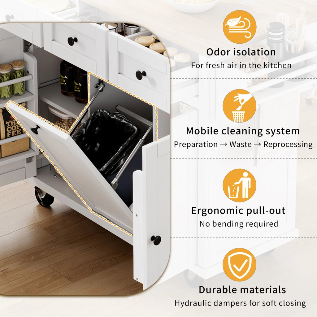 OKWISH Carrello da cucina con 2 cassetti, vano per rifiuti, portaasciugamani e piano ribaltabile, MDF, 112 x 46.2-76.2 x 92.7 cm