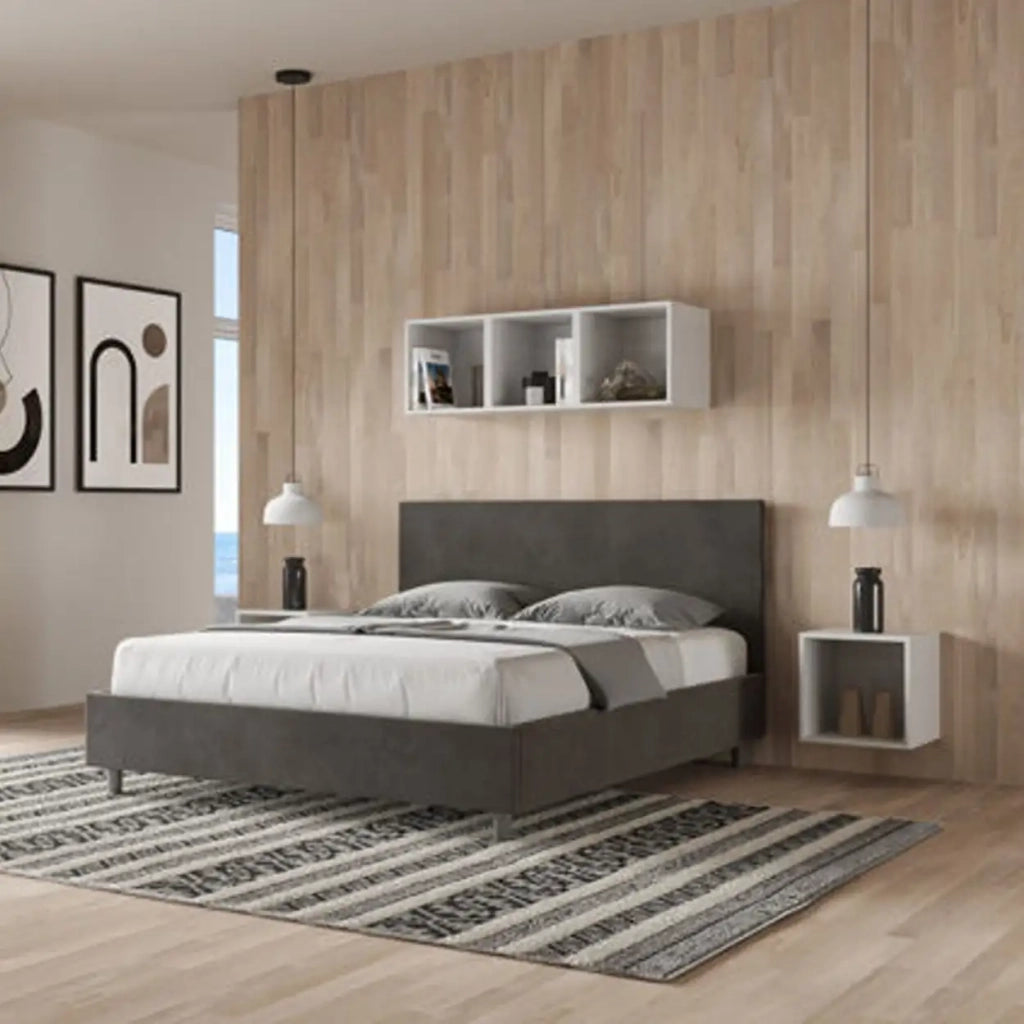 Letto matrimoniale con rete imbottito 160x200 microfibra grigio Adele