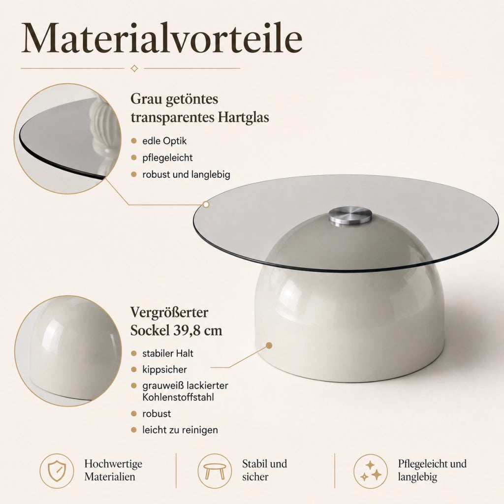 Tavolino basso rotondo con piano in vetro temperato e base semisferica antiscivolo, grigio Ø 70 × 30 cm