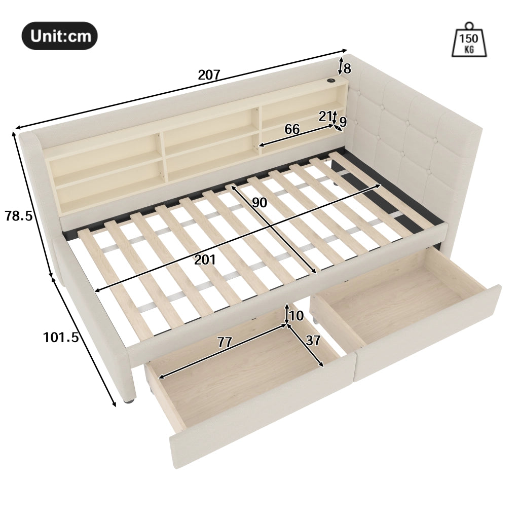 OKWISH Letto Divano 90×200 cm, Letto Singolo con 2 Cassetti, USB, Tipo C e Mensole, senza Materasso, in Lino, Beige