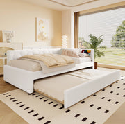 Letto 90x200 cm con letto estraibile; USB; Type-C e luce notturna in bouclé bianco