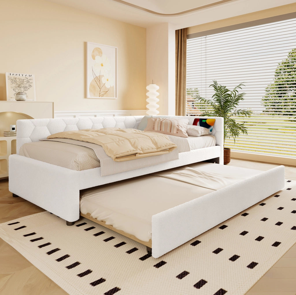 Letto 90x200 cm con letto estraibile; USB; Type-C e luce notturna in bouclé bianco