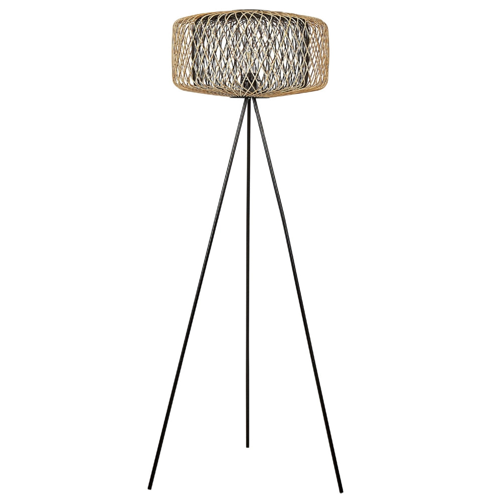 Lampada da terra a stelo in bambù con paralume aperto e base in metallo 120 cm naturale e nera soggiorno stile boho