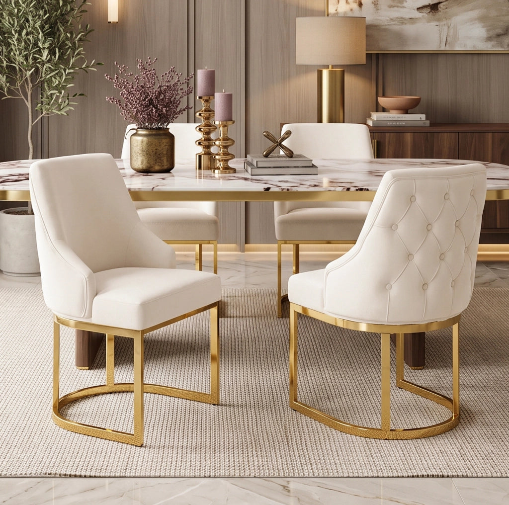 Set di 4 sedie da pranzo in velluto con schienale trapuntato e gambe in metallo beige e oro