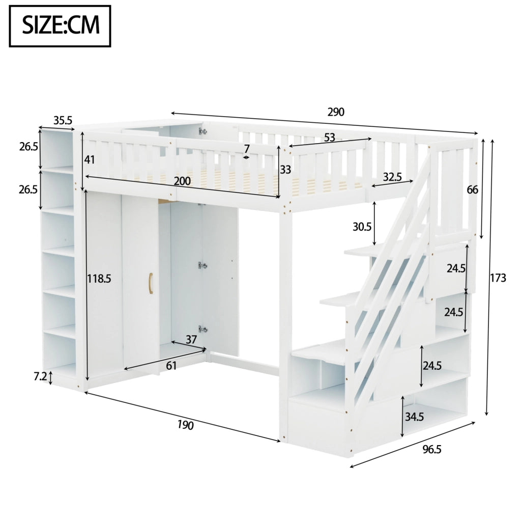 Letto a soppalco ULEVR 90x200 cm con armadio, scala con cassetti e ripiani, bianco