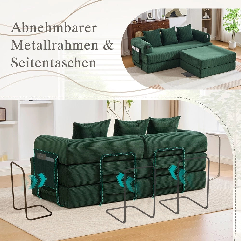 Divano 3 posti con poggiapiedi e cuscini ¨C Minimal ¨C velluto verde, struttura in metallo