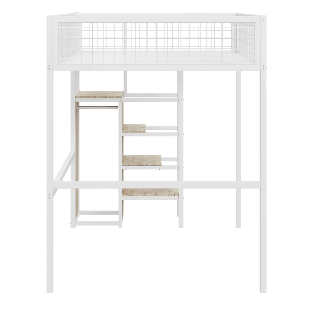 OKWISH Letto a Soppalco 140×200 cm, Letto Matrimoniale con Armadio, Mensole e Scala di Sicurezza, senza Materasso, in Metallo, Bianco