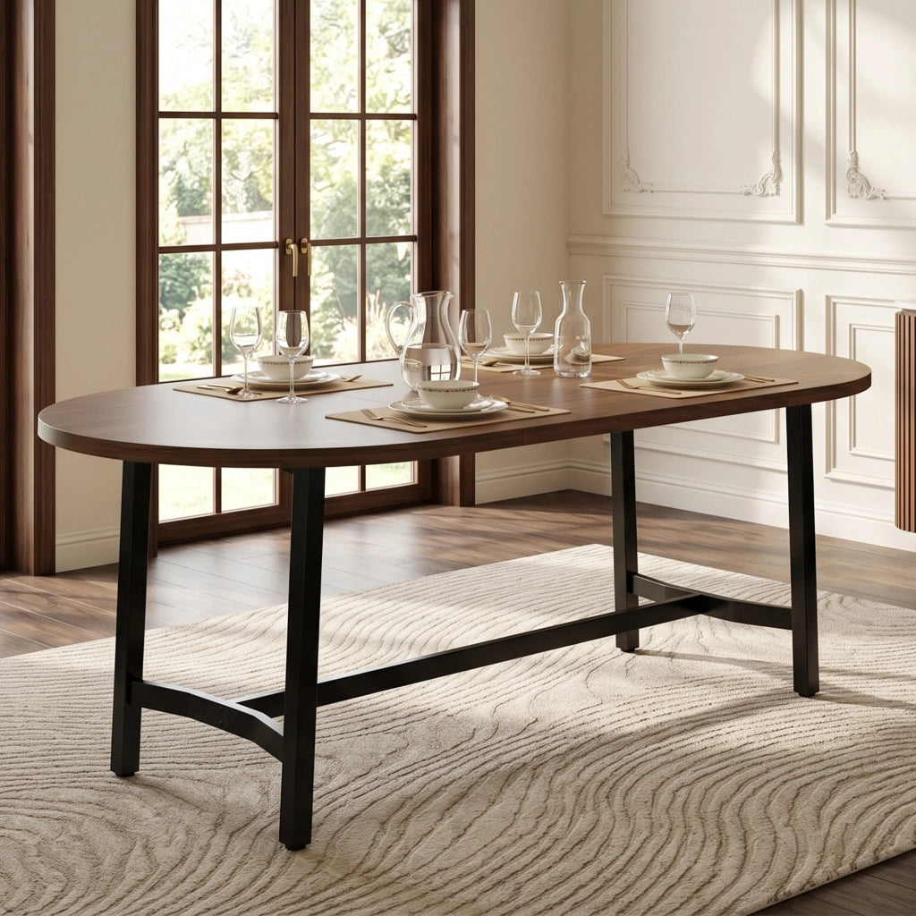 Tavolo da pranzo 180x80 cm per 6-8 persone, angoli arrotondati, struttura in ferro, colore noce