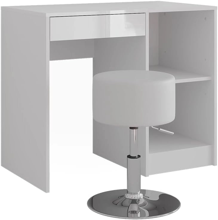 Tavolo da toeletta Sherry, Bianco/bianco lucido, 89.8 cm con sgabello