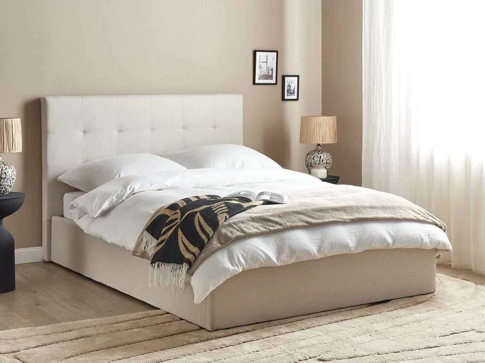 Letto matrimoniale con contenitore portaoggetti e testiera imbottita 140x200 cm in tessuto di poliestere stile moderno