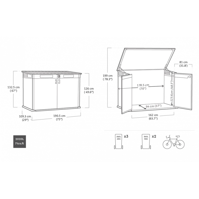 Box Porta Attrezzi da Esterno Cortina Mega EVOTECH+ 2020L 190,5x109,3x132,5 - Grigio effetto legno - Keter