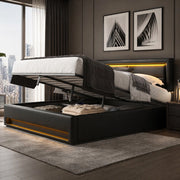 Letto imbottito 140x200 cm in PU nero con USB; illuminazione LED e contenitore