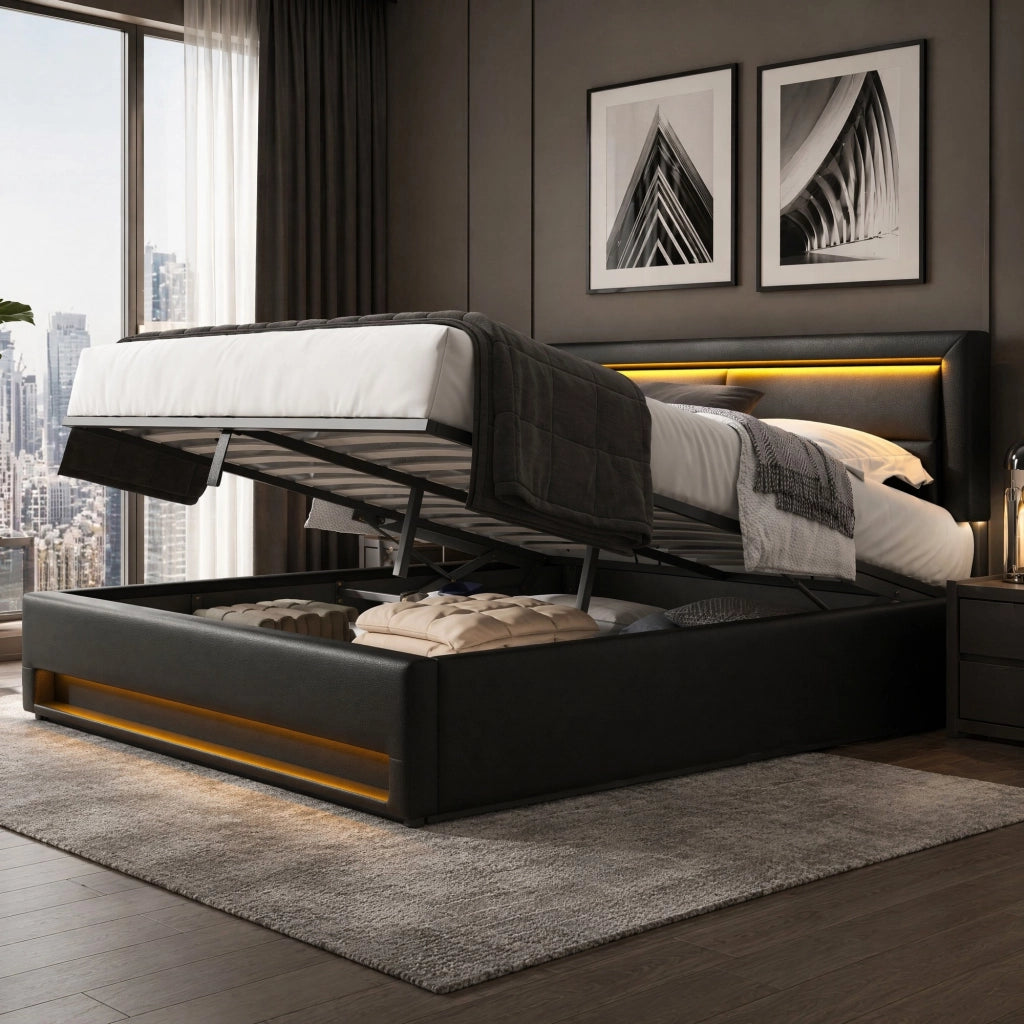 Letto imbottito 140x200 cm in PU nero con USB; illuminazione LED e contenitore