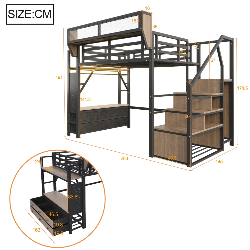 Letto a soppalco 140 × 200 cm con ripiani, asta appendiabiti, cassetti in tessuto et LED, senza materasso, nero