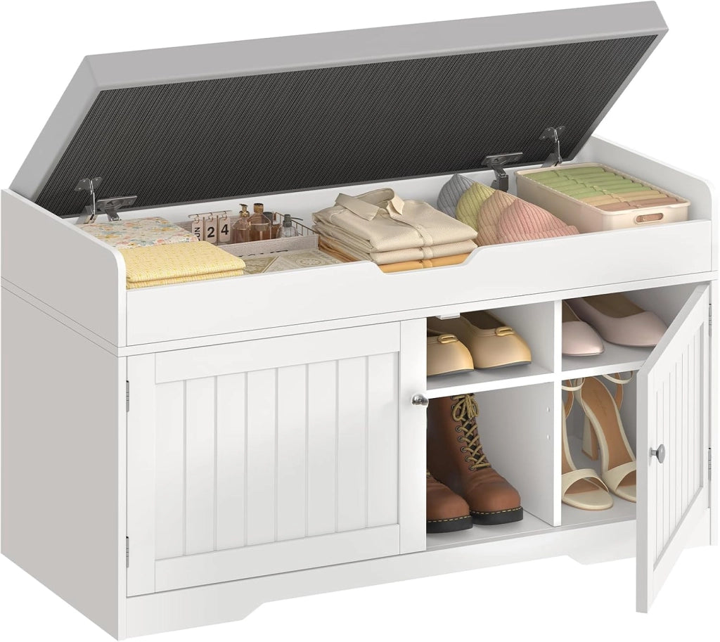 92cm Scarpiera Panca,Panca Contenitore con Cuscino,2 Ripiani Regolabili,Scarpiera per Ingresso, Camera da Letto,92x35x50cm (Bianco)