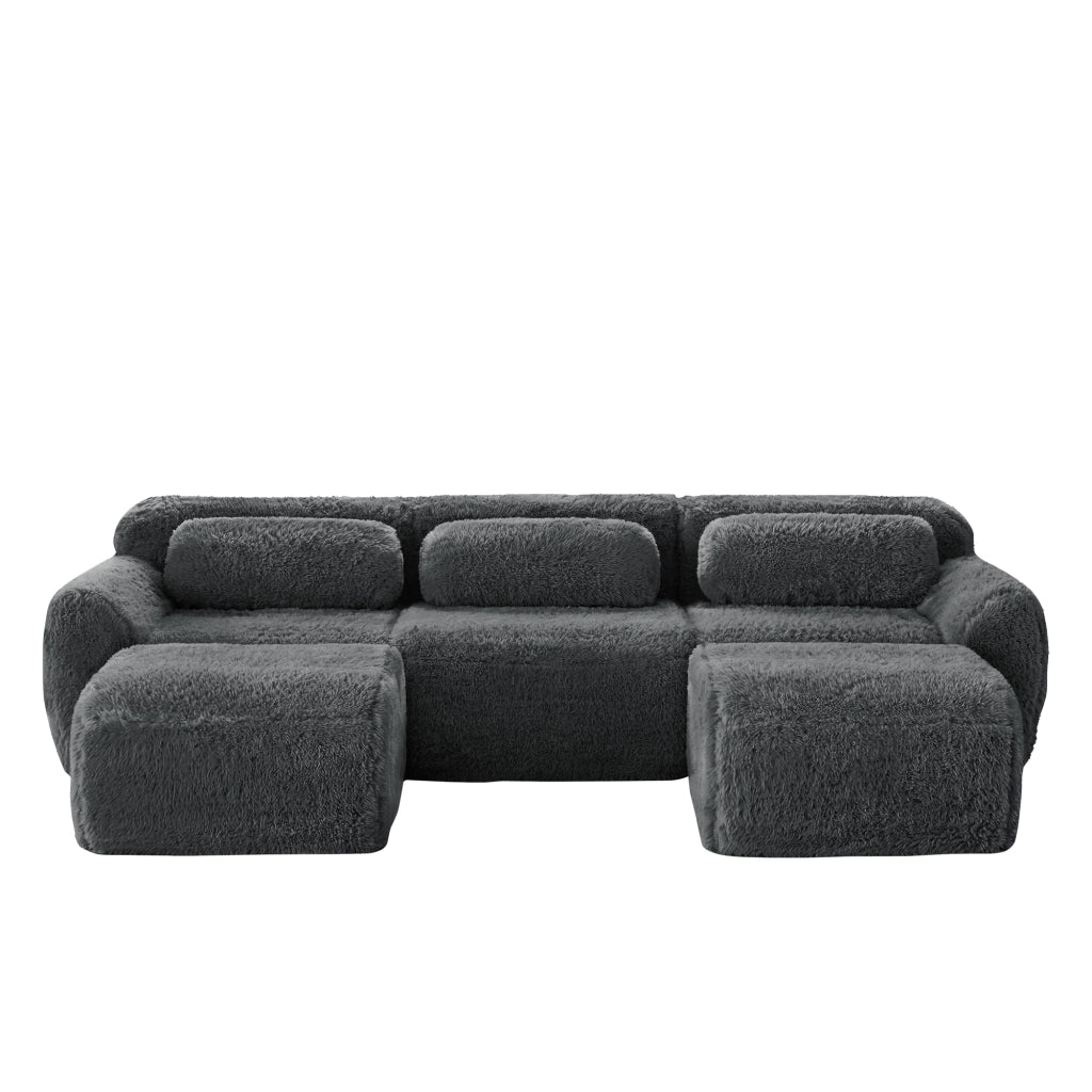 Divano Modulare a U con Pouf; Supporto Ergonomico e Base Antiscivolo; in Peluche; Grigio