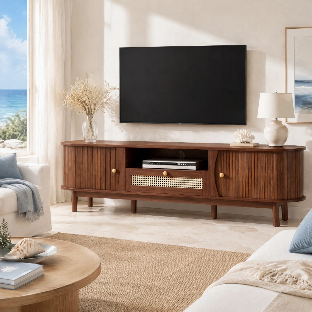 Mobile TV in MDF color noce con rattan e ante scorrevoli