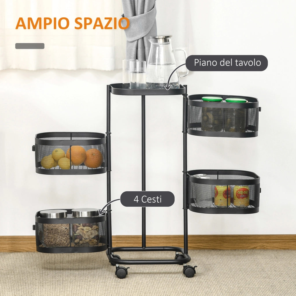 EasyComfort Carrello Portavivande con 4 Cestelli, Piano d'Appoggio e Ruote, in Acciaio e PP, 33x33x77 cm