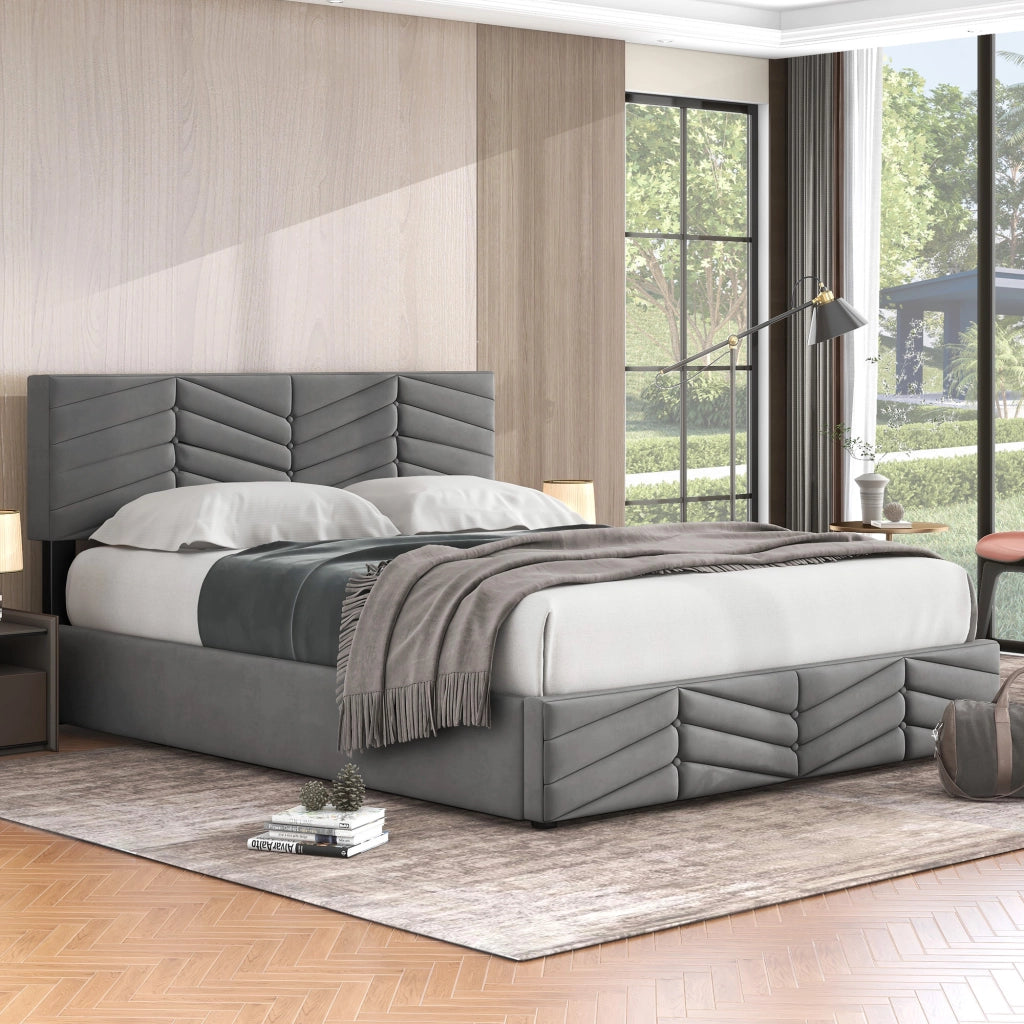 Letti contenitori 140x200 cm; contenitore idraulico; velluto; grigio (Senza materasso)