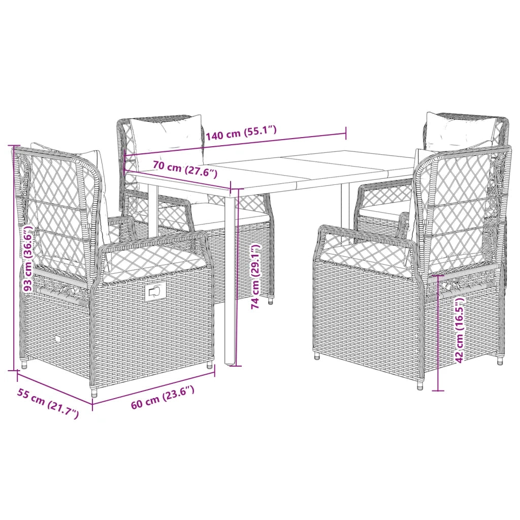 Set Pranzo da Giardino 5pz con Cuscini Grigio Chiaro Polyrattan