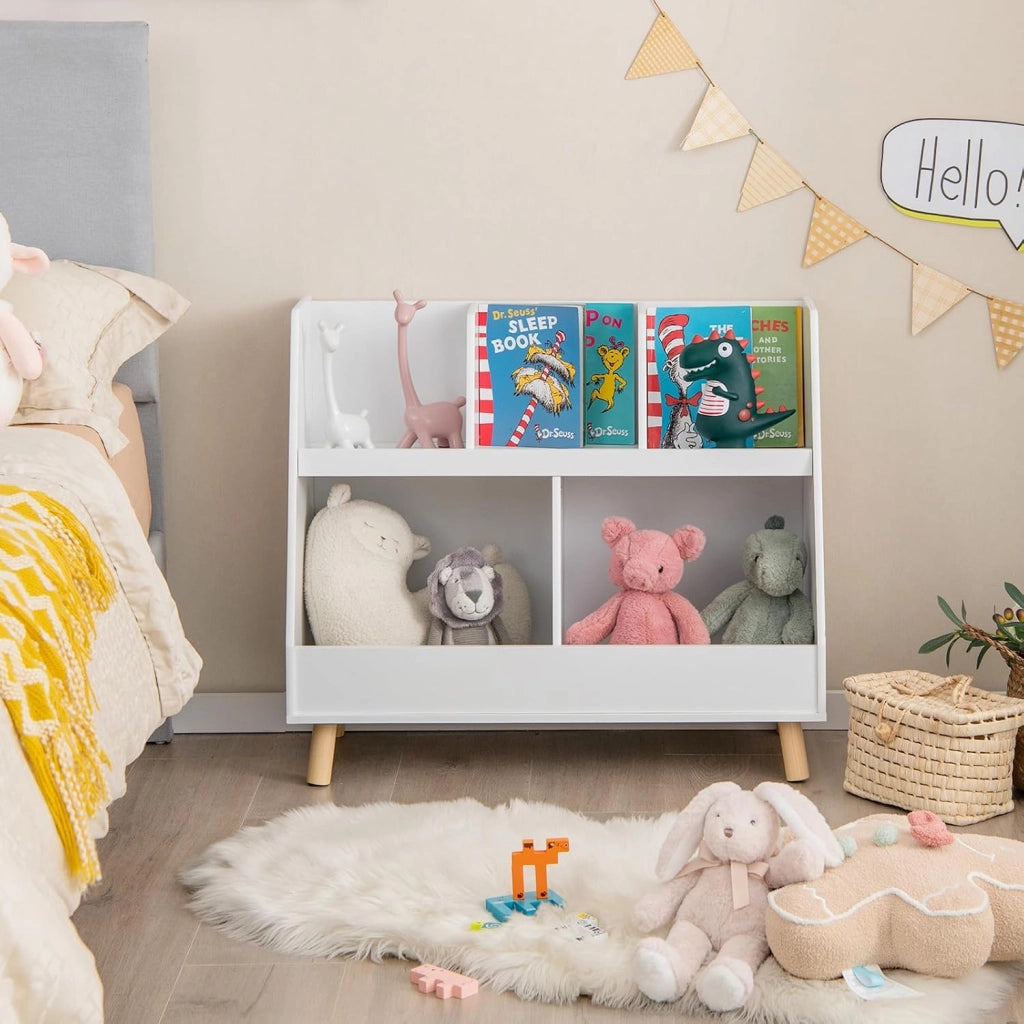 Libreria per Bambini a 5 Cubi, Scaffale Portagiochi a 2 Livelli con Gambe in Legno e Kit Antiribaltamento, per Stanza dei Giochi Camera da Letto, 80x35x71 cm