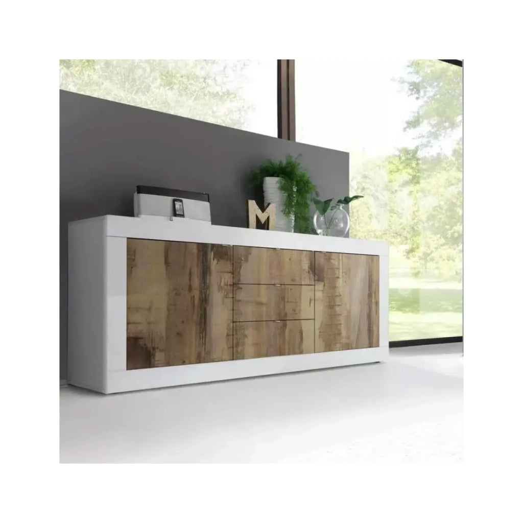 Buffet 2 porte e 3 cassetti, collezione ISORA, colori bianco e rovere chiaro