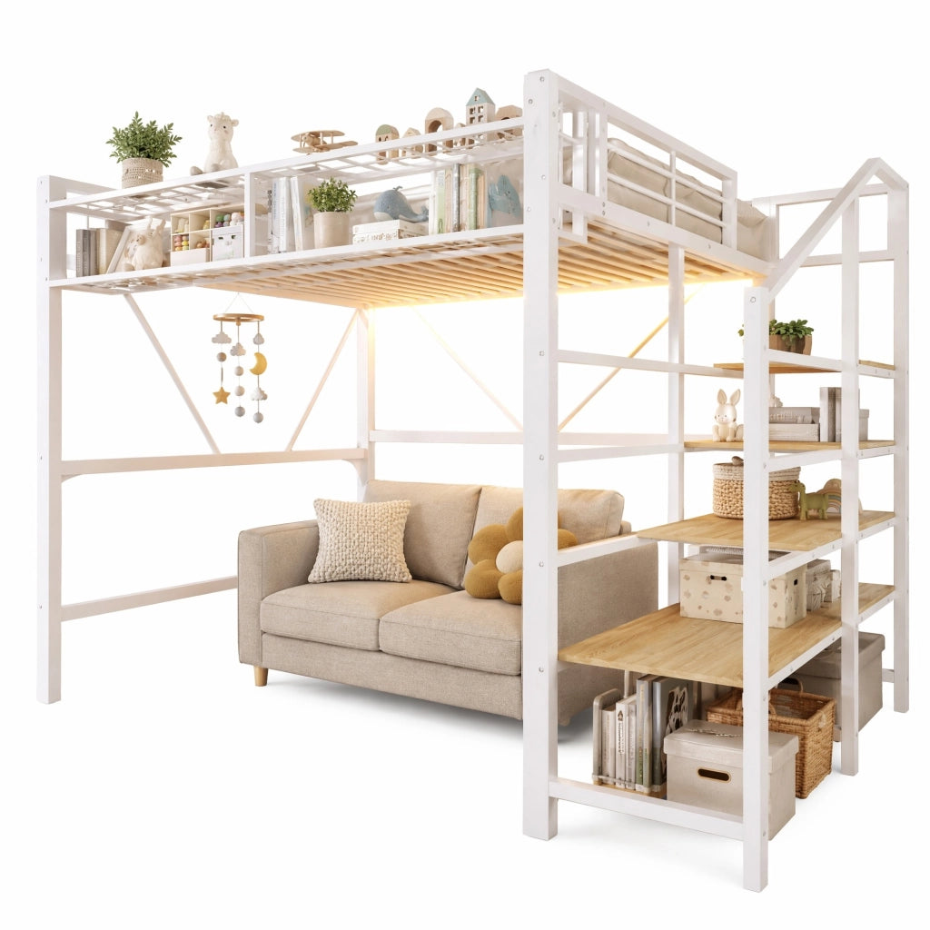 LETTO a soppalco 140x200 cm in metallo e MDF bianco con ripiani laterali