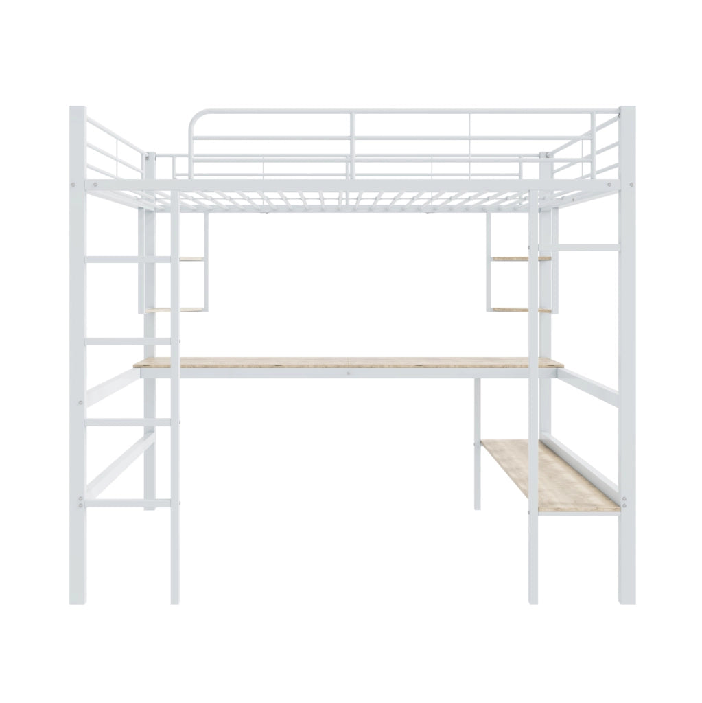 Letto a soppalco in metallo bianco 140x200 cm con scrivania e scaffali integrati