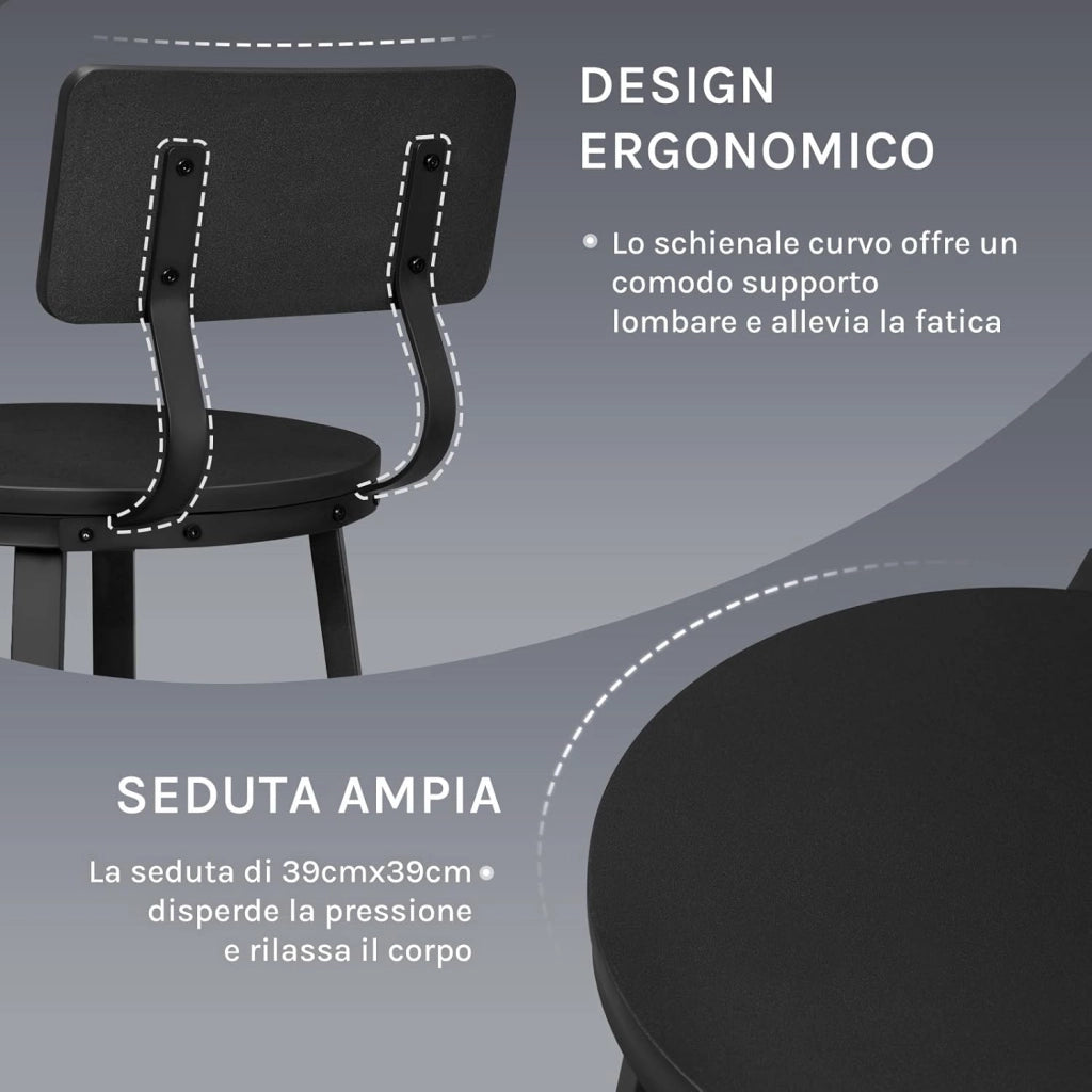 Sgabelli Cucina Set di 2, Sgabelli da Bar per Colazione, con Poggiapiedi e Schienale, Struttura in Metallo, Nero