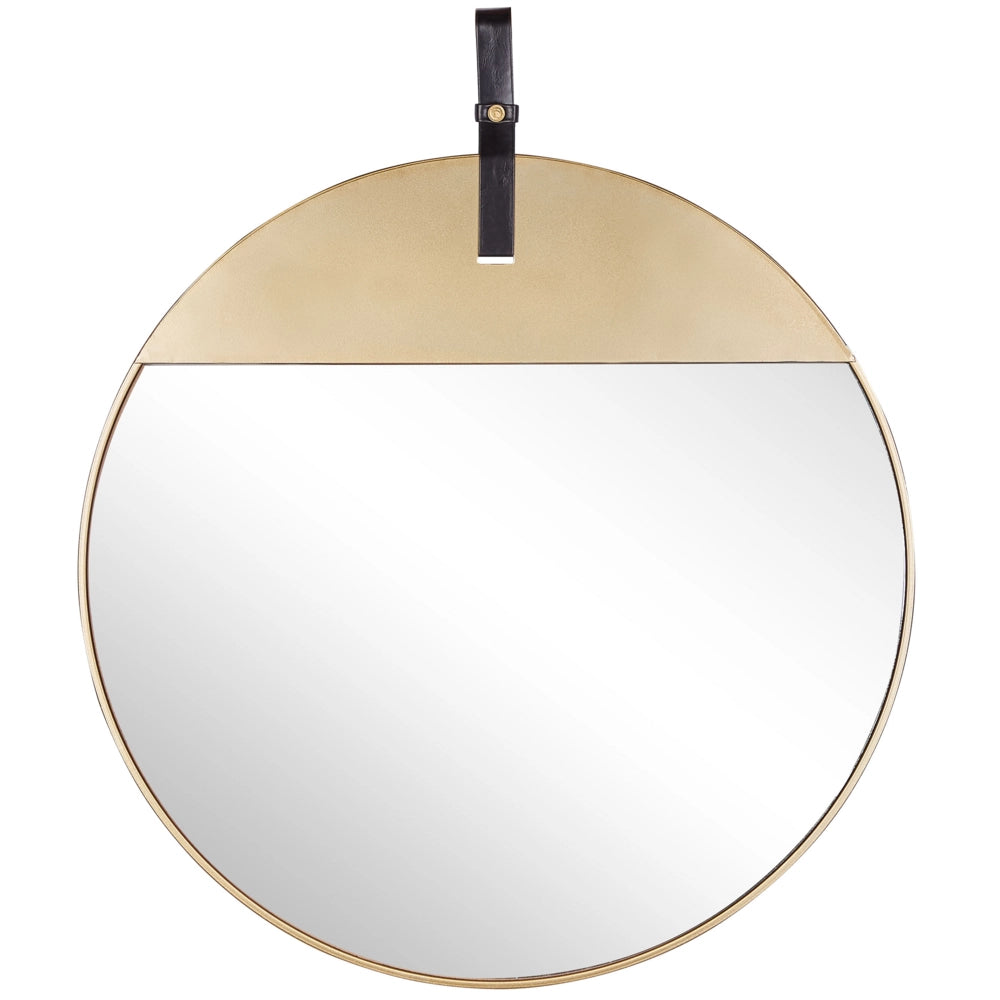 Specchio da parete in metallo dorato con cinturino in ecopelle rotondo 60 cm decorativo da appendere pezzo moderno glamour