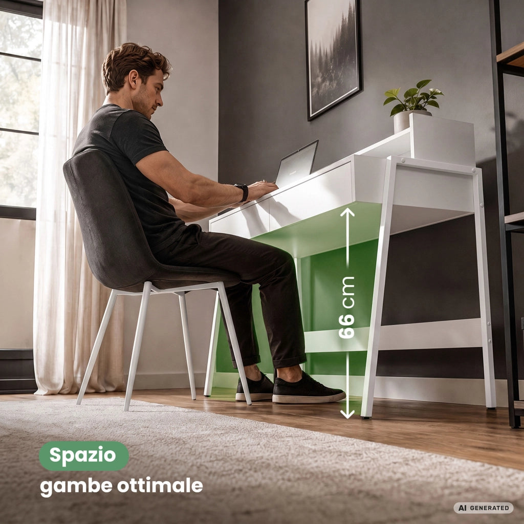 Scrivania industriale per computer Bianca FLUX 78 cm 2 cassetti 1 ripiano gambe bianche