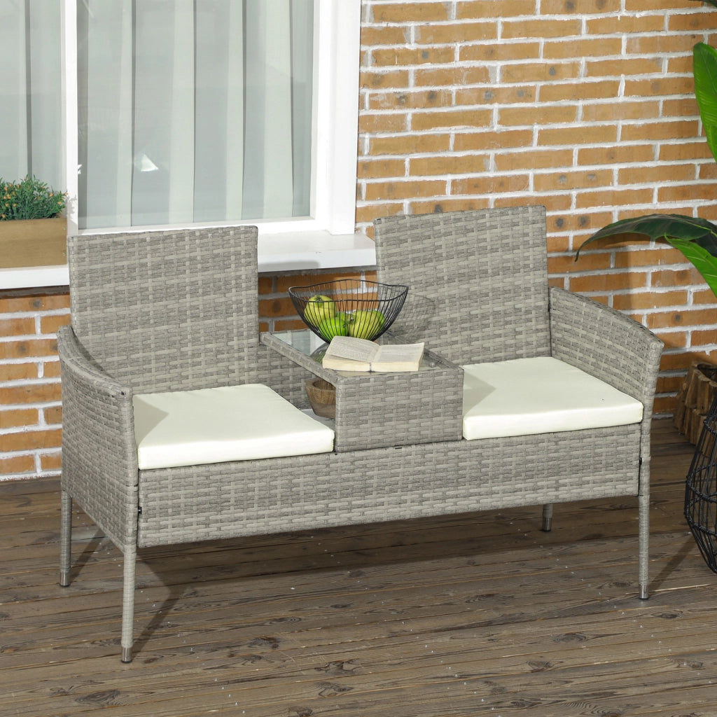 Divanetto per Esterni 2 Posti con Tavolino da Caff¨¨, in Acciaio e Rattan PE, 137x59x82 cm, Grigio e Crema