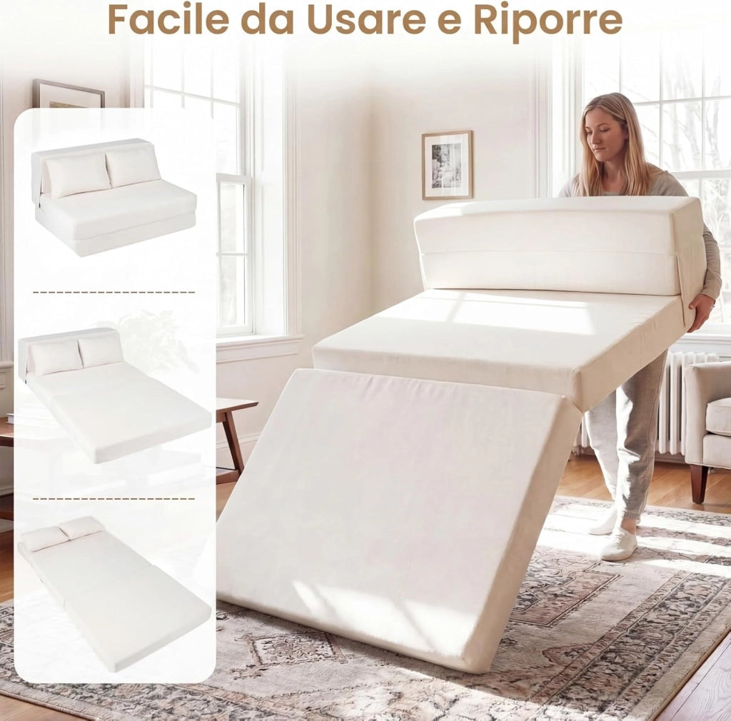 3 in 1 Divano Letto Pieghevole, Poltrona Letto Convertibile con 2 Cuscini, Divano a 2 Posti in Tessuto Chenille, per Soggiorno Camera da Letto Ufficio (Beige,L)
