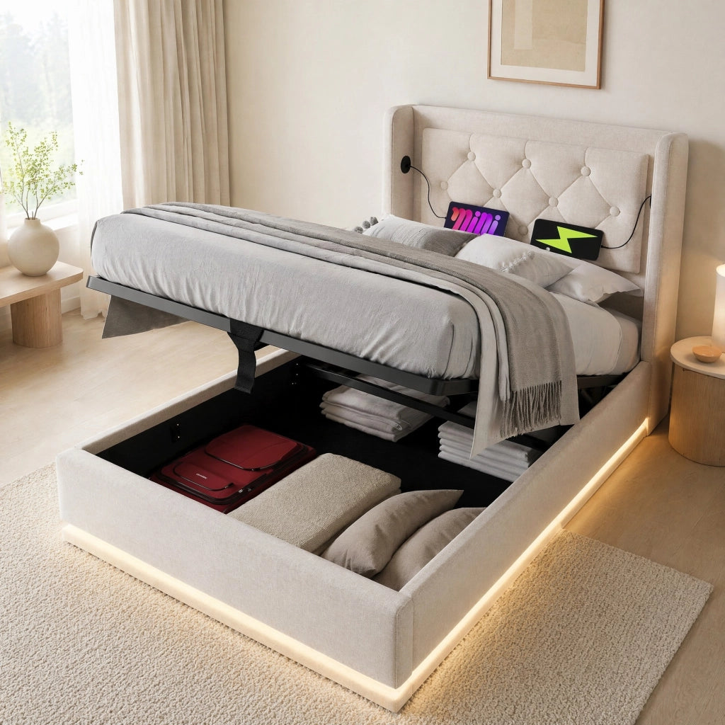 Letto singolo imbottito 90x200 cm beige in cotone con contenitore; USB Type-C e LED