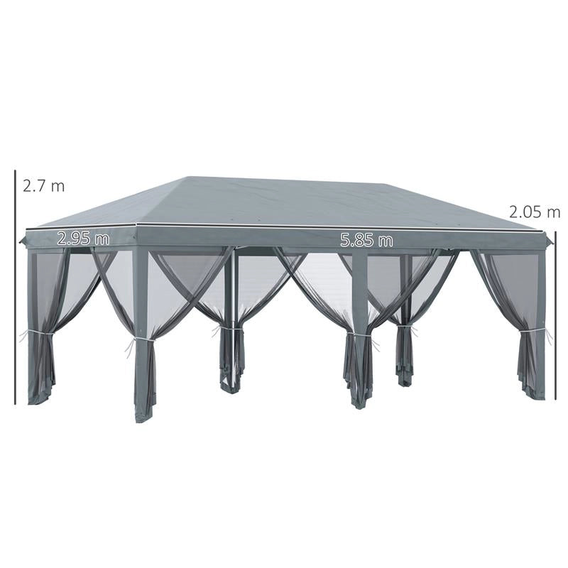 GAZEBO DA GIARDINO PIEGHEVOLE 6X3 M CON 6 ZANZARIERE E PULSANTE IN ACCIAIO E POLIESTERE GRIGIO