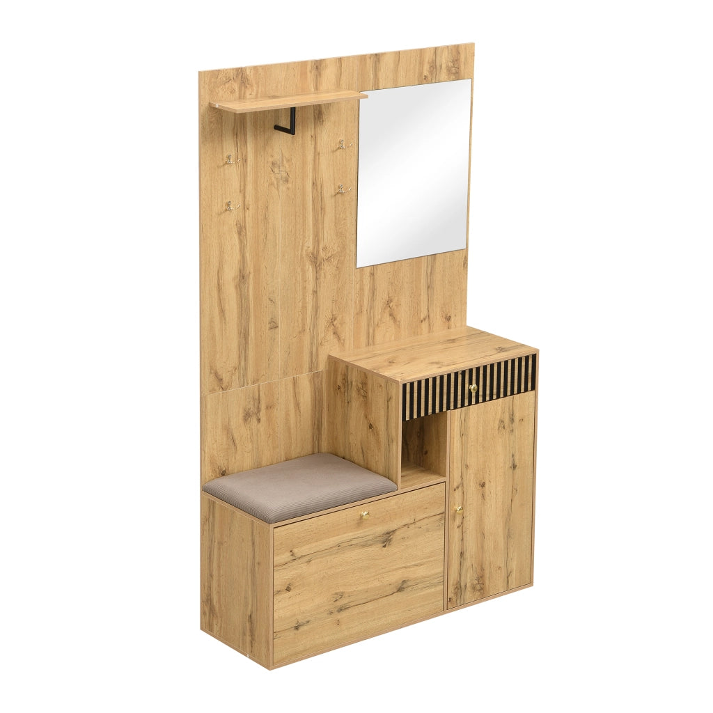 Mobile Ingresso con Specchio; 2 Ante; 1 Cassetto e Seduta Imbottita; Ripiani Regolabili; in MDF; Nero e Legno; 110??37??185;5 cm