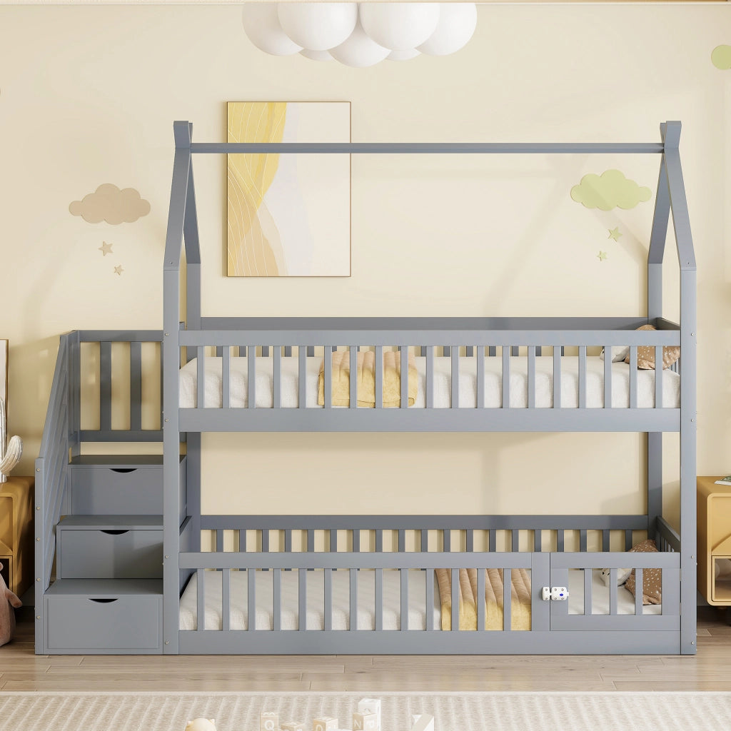 Letto a Castello 90x200 cm; Letto Singolo - Tetto; Scala con Cassetti - in Legno - Grigio