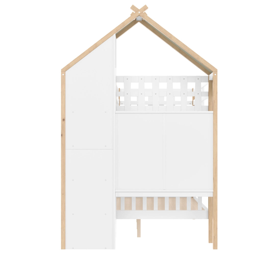 Letto a castello per bambini 90x200 cm + 140x200 cm con scala; 2 cassetti e contenitori; bianco e naturale